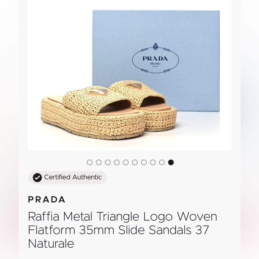 PRADA Raffia Metal Triangle Logo Woven Flatform Sandals